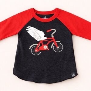 Whistle & Flute Flying Bicycle Design raglan style tee - dark grey and red